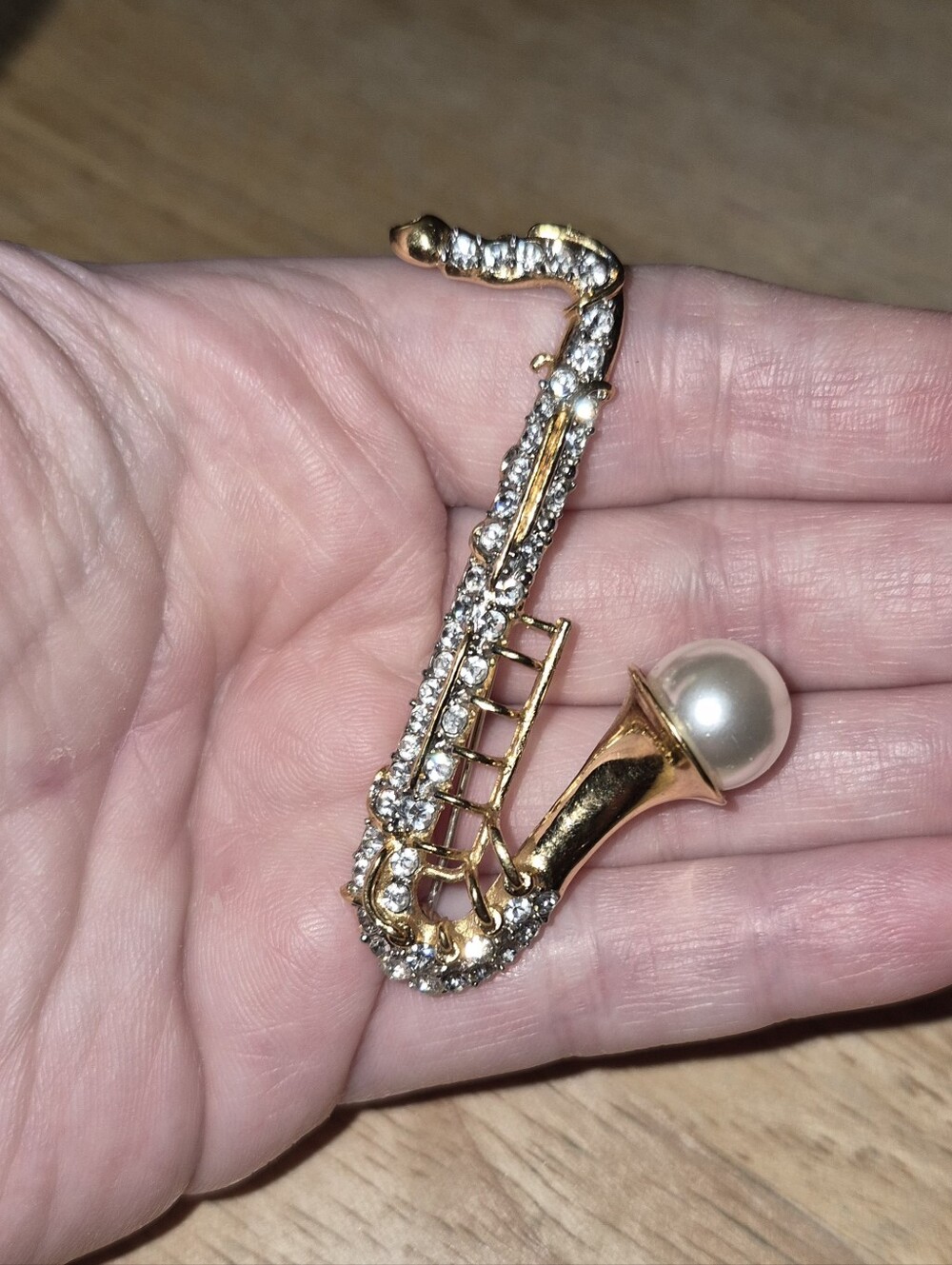 Vintage GAD Signed Rhinestone & Faux Pearl Saxophone Brooch
